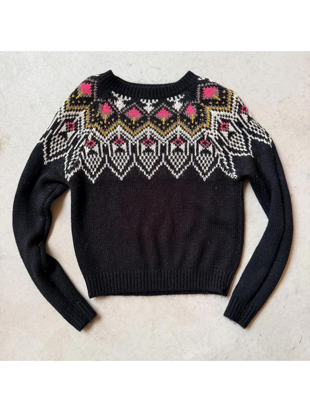Vintage Y2K Fair Isle Knit Sweater Black Hot Pink Tribal Ski Cabin Pullover